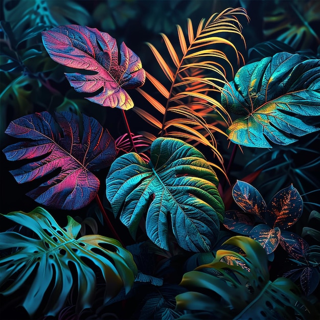 色とりどりの葉と色とりどいの背景を持つ植物のクローズアップ