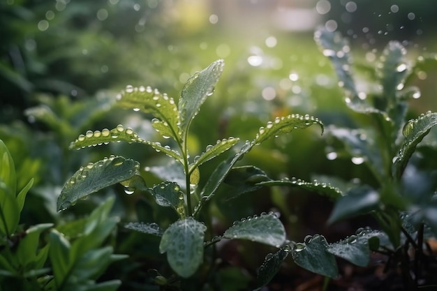 A close up of a plant with dew on it