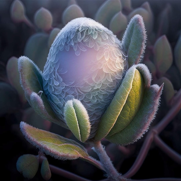 A close up of a plant with a frosted plant