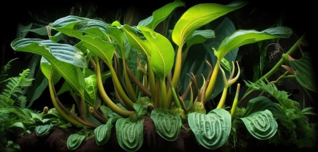 녹색 잎과 검정색 배경을 가진 식물의 클로즈업