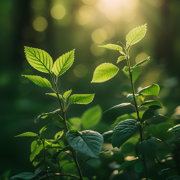 太陽の光が流れる森の太陽の光の下にある葉の植物のクローズアップ