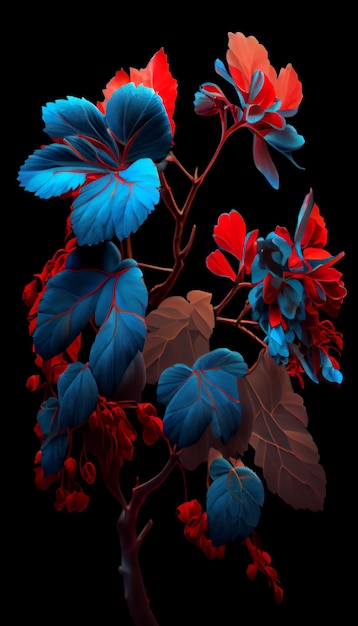 빨간색과 파란색 잎 생성 인공 지능이 있는 식물 클로즈업
