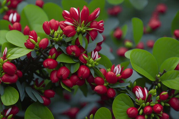 A close up of a plant with red flowers