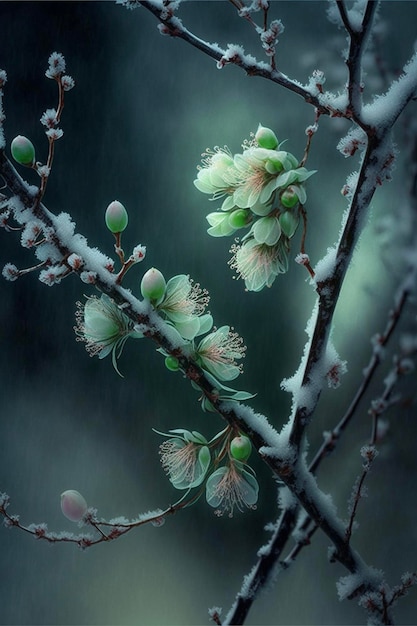 Close up of a plant with snow on it generative ai