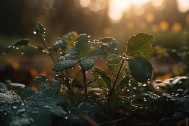 水滴が付いた植物の接写