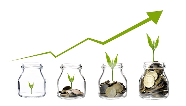 Close-up of plants and coins in glass jars representing growth over white background