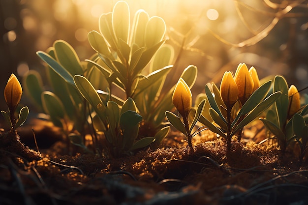 A close up of plants with the sun shining on them