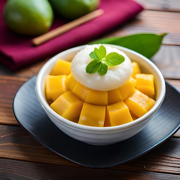 Close up Plastic plate of Mango sticky rice with innovative design3