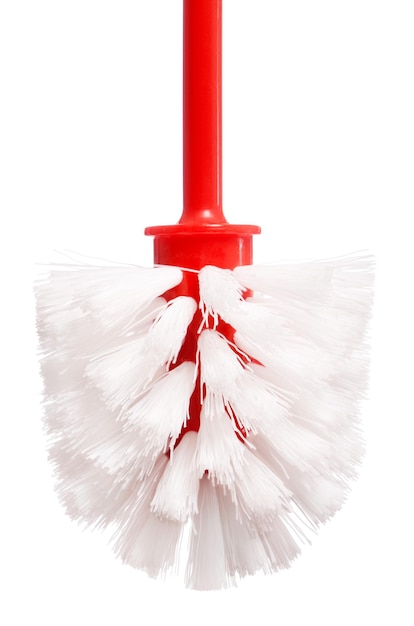 Photo close up of plastic red toilet brush on a white background
