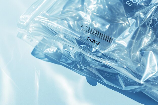 Foto primo piano su un sacchetto di cellophane trasparente in plastica su sfondo bianco