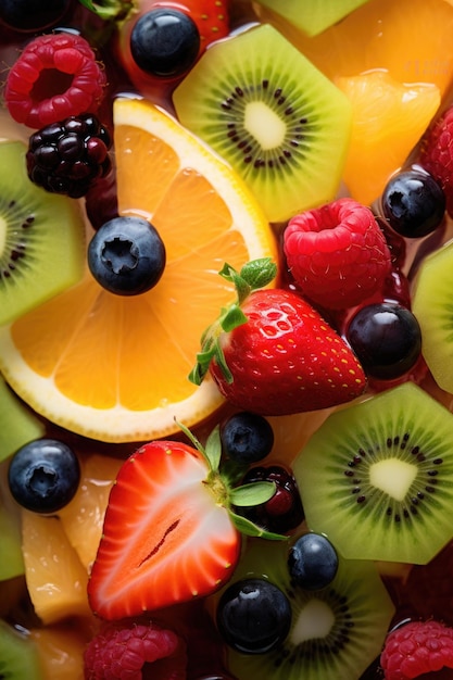 Foto close up di un piatto di frutta fresca assortita perfetto per i concetti di stile di vita sano