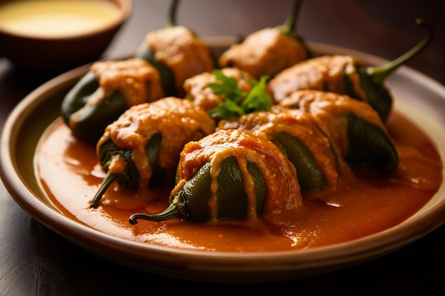 Close up of a plate of chiles rellenos stuffed with cheese and topped with sauce