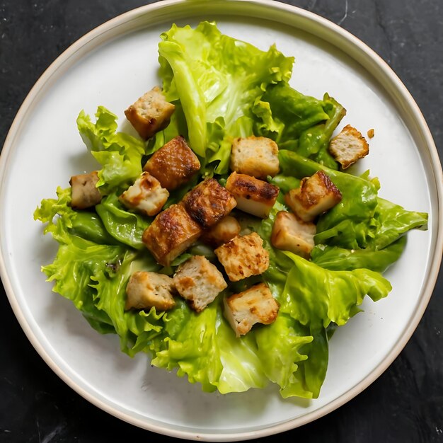 Photo close up of plate of food with lettuce and croutons