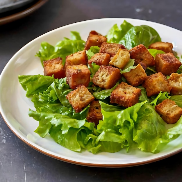 Photo close up of plate of food with lettuce and croutons