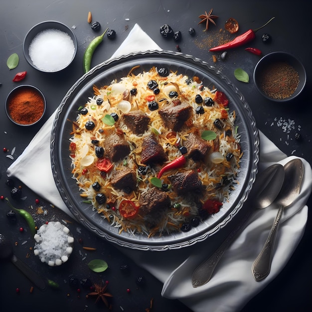 Близкий взгляд на тарелку с рисом, мясом, луком, оливками, перцами и специями
