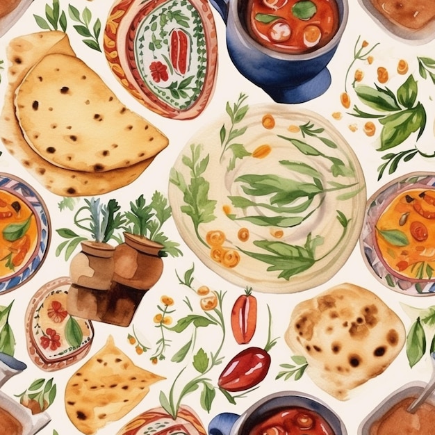 A close up of a plate of food with sauces and bread generative ai