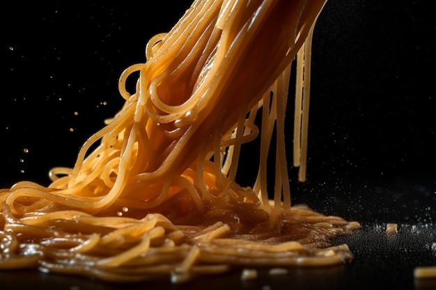 A close up of a plate of noodles being poured into a black background.