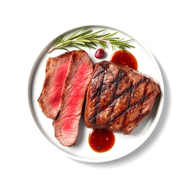 a close up of a plate of steak with sauce and a sprig of rosemary generative ai