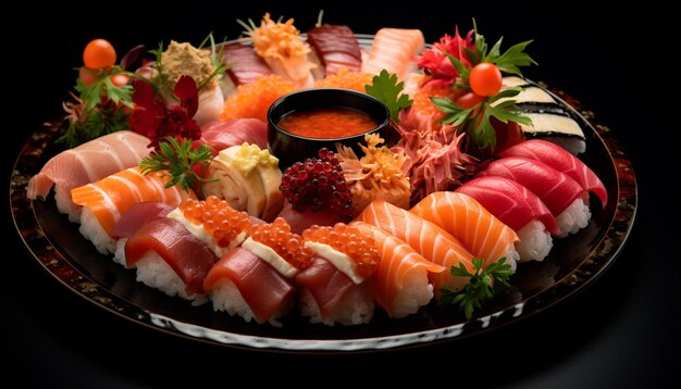 A close up of a plate of sushi with a small bowl of sauce generative ai