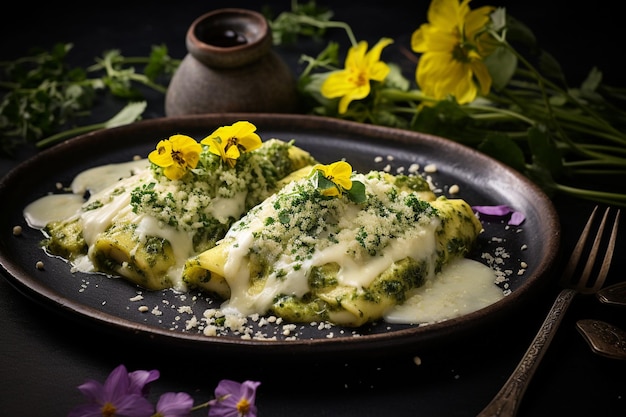 A close up of a plate of traditional Mexican enchiladas suizas