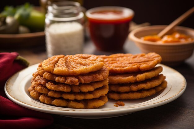 멕시코 의 전통적 인 고르디타스 데 치차론 (gorditas de chicharron) 의 접시 의 근접 사진