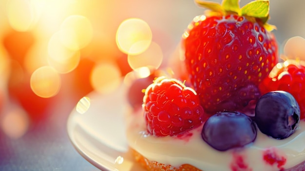 A close up of a plate with berries and cream on it ai