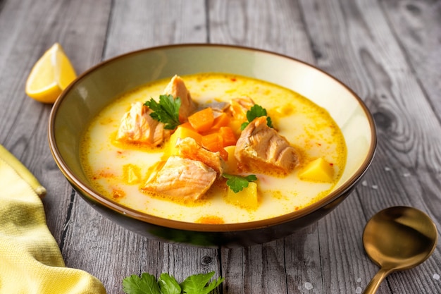 Close up of a plate with delicious bright salmon fish soup