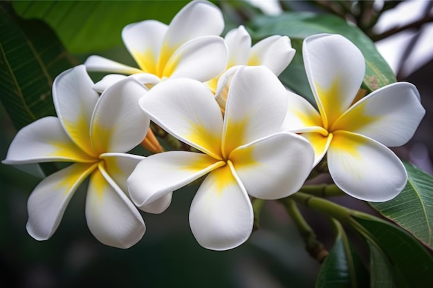 A close up of a plumeria flower