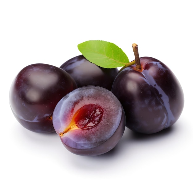 A close up of plums with a leaf on the side