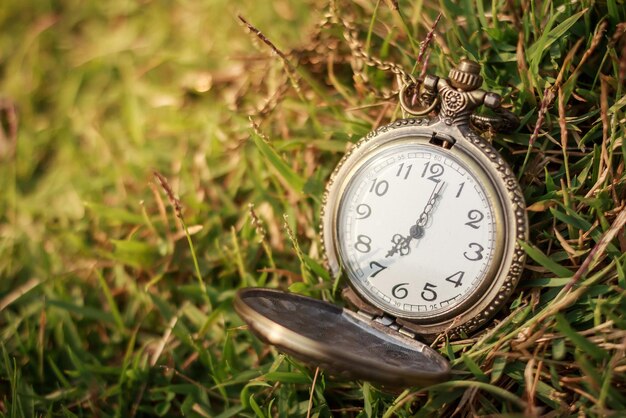 Foto prossimo piano di un orologio da tasca sull'erba