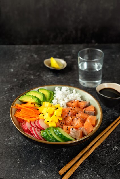 Close up of poke bowl with salmon