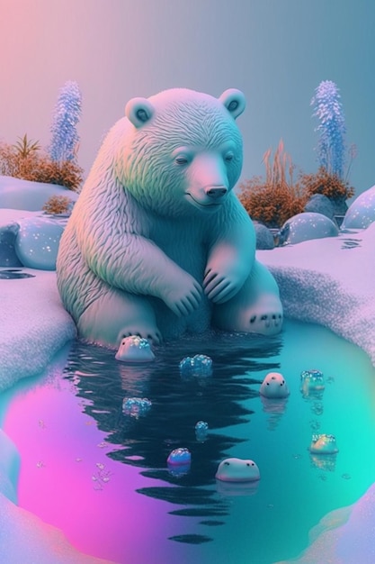 Close up of polar bear sitting on rock in the snow generative ai