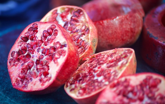 A close up of pomegranates on a table