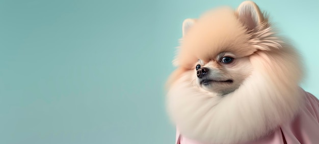 Close up of a Pomeranian dog with a Blue pastel background Dog fashion photo Generative AI