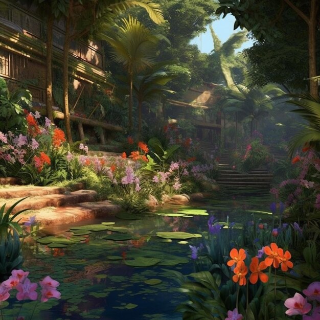 A close up of a pond with flowers and plants in a garden generative ai