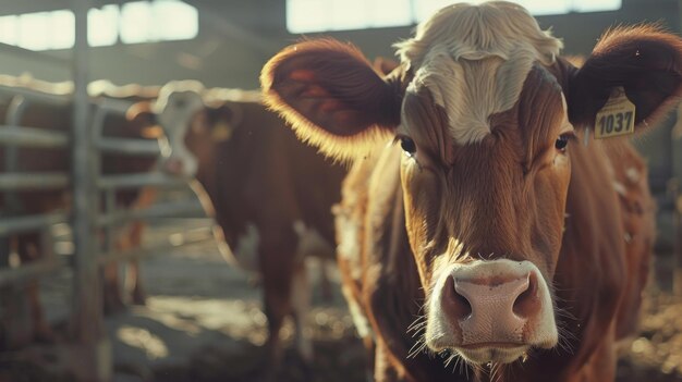 写真 晴れた日に家畜農場の牛の肖像画をクローズアップし人工知能で生成された画像