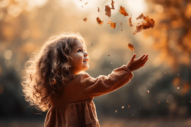 Close up portrait of adorable smiling happy little child girl walking in autumn park and