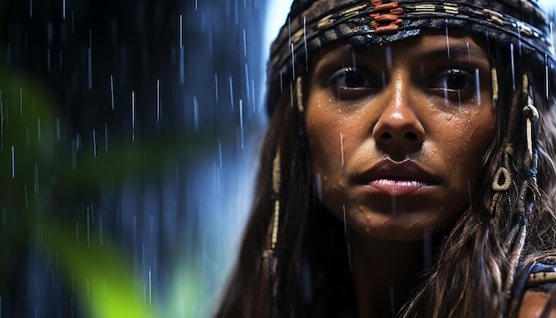 Close up portrait of an amazon woman under a waterfall in amazon rainforest