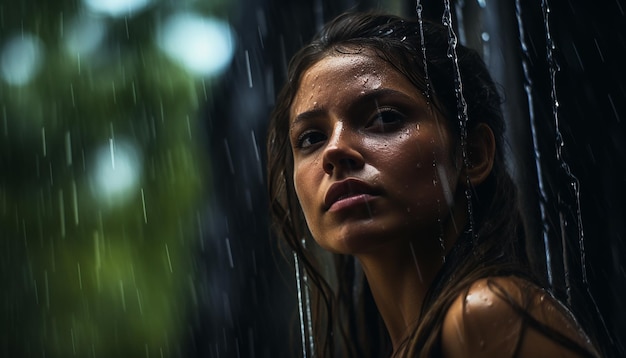 Foto ritratto di una donna amazzonica sotto una cascata nella foresta pluviale amazzonica