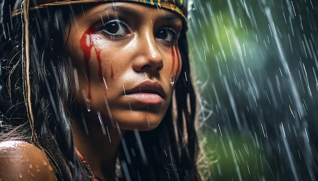 Close up portrait of an amazon woman under a waterfall in amazon rainforest