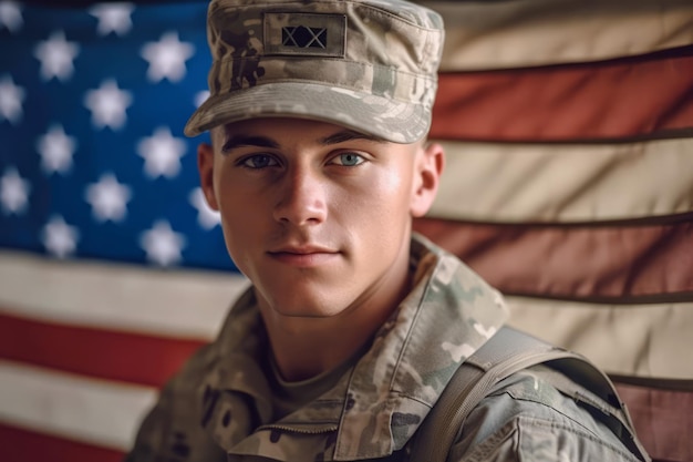 Крупным планом портрет американского солдата на фоне флага