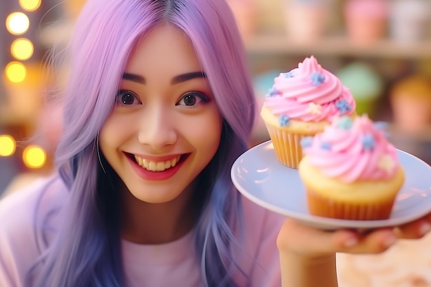 Close up portrait of asian woman shows two cupcakes near face and smiles