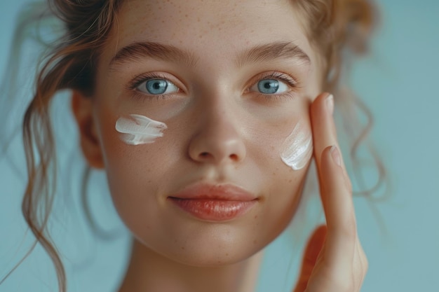 Close up portrait of an attractive young woman applying cream on face