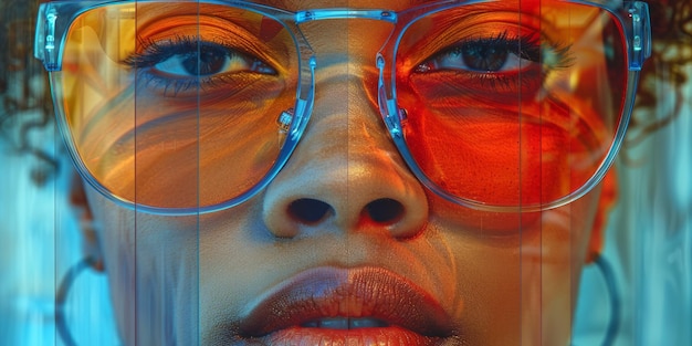 太陽眼鏡をかぶった美しいアフリカ系アメリカ人の肖像画