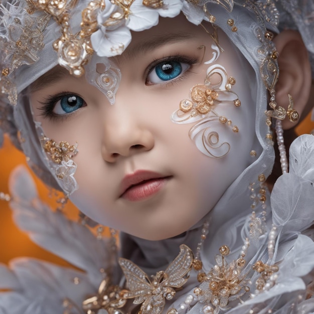 a close up portrait of a beautiful blue eyed girl in a fantasy halloween costume