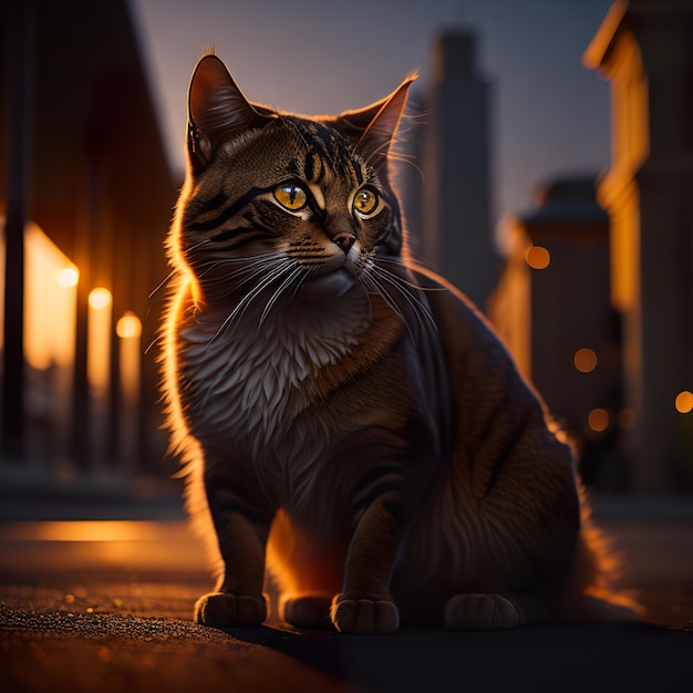 Close up portrait on beautiful cat in front city background