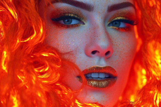 Photo close up portrait of a beautiful girl with red hair and bright makeup
