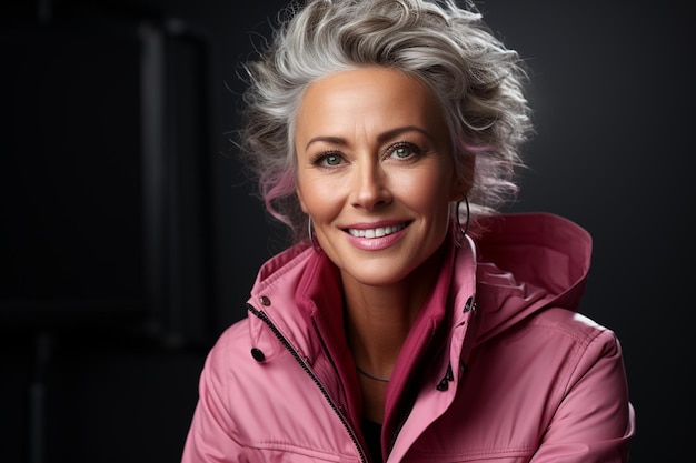 close up portrait of beautiful mature woman in pink jacket