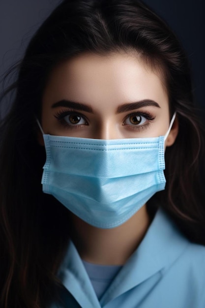 close up portrait of beautiful s young millennial woman cover her face wearing facial medical blue