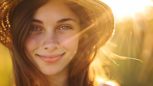 Photo close up portrait of a beautiful smiling girl with brown hair wearing a hat and look generative ai